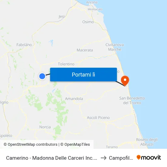 Camerino - Madonna Delle Carceri Inc. Unicam to Campofilone map