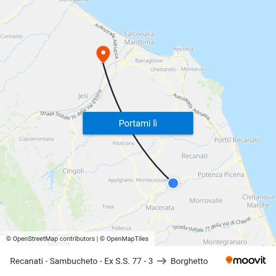Recanati - Sambucheto - Ex S.S. 77 - 3 to Borghetto map