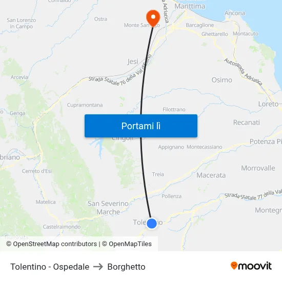 Tolentino - Ospedale to Borghetto map