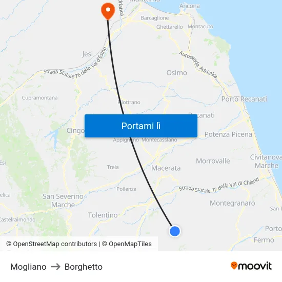 Mogliano to Borghetto map