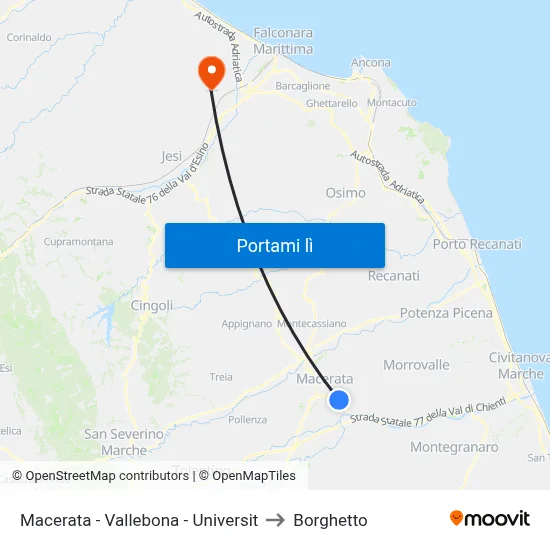 Macerata - Vallebona - Universit to Borghetto map