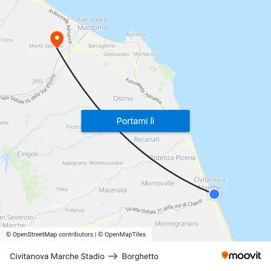 Civitanova Marche Stadio to Borghetto map