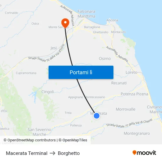 Macerata Terminal to Borghetto map
