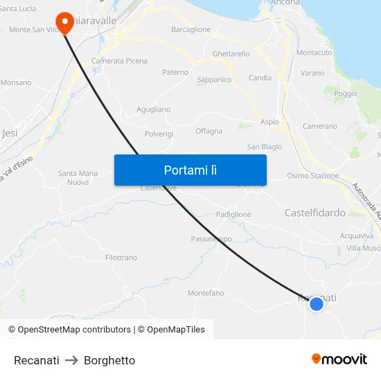 Recanati to Borghetto map