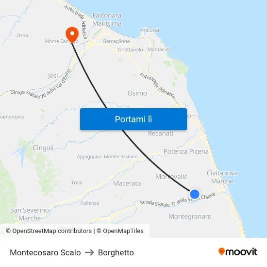 Montecosaro Scalo to Borghetto map