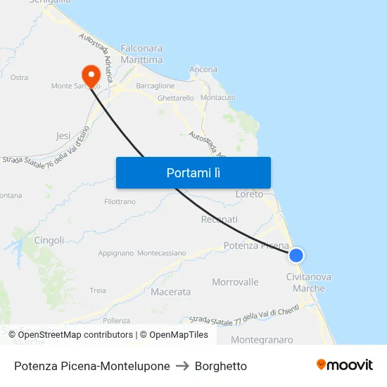 Potenza Picena-Montelupone to Borghetto map