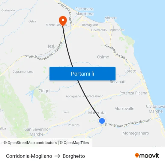 Corridonia-Mogliano to Borghetto map