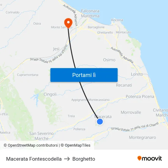 Macerata Fontescodella to Borghetto map