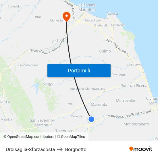 Urbisaglia-Sforzacosta to Borghetto map