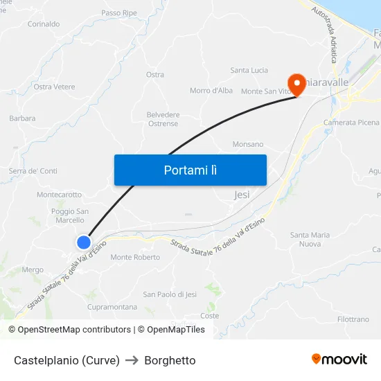 Castelplanio (Curve) to Borghetto map