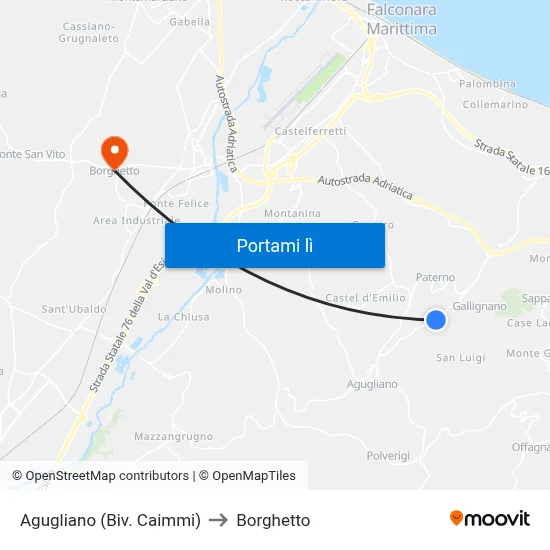 Agugliano (Biv. Caimmi) to Borghetto map