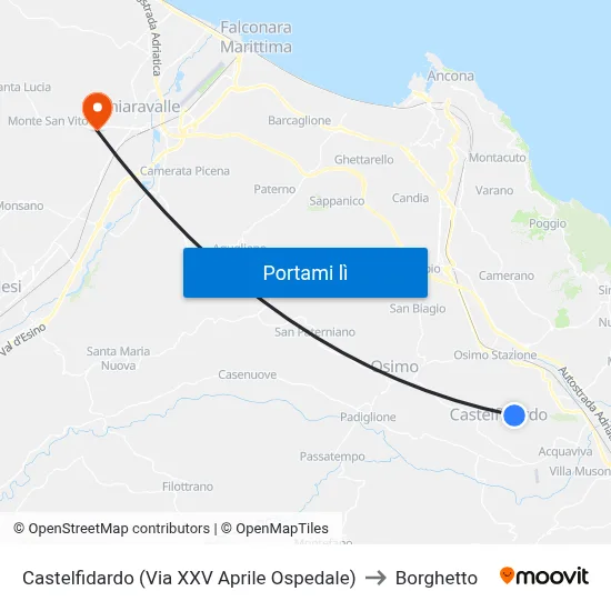 Castelfidardo (Via XXV Aprile Ospedale) to Borghetto map