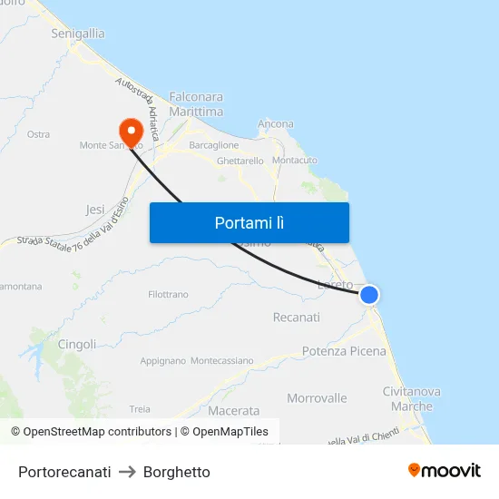 Portorecanati to Borghetto map