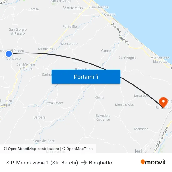 S.P. Mondaviese 1 (Str. Barchi) to Borghetto map