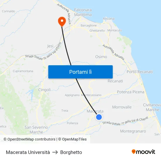 Macerata Università to Borghetto map