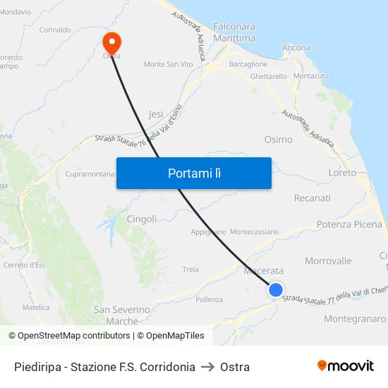 Piediripa - Stazione F.S. Corridonia to Ostra map