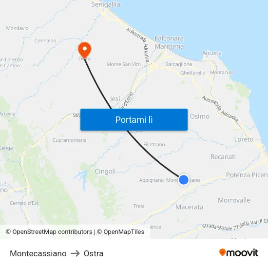 Montecassiano to Ostra map