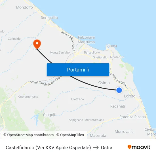 Castelfidardo (Via XXV Aprile Ospedale) to Ostra map