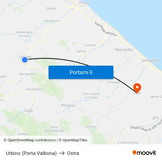Urbino (Porta Valbona) to Ostra map