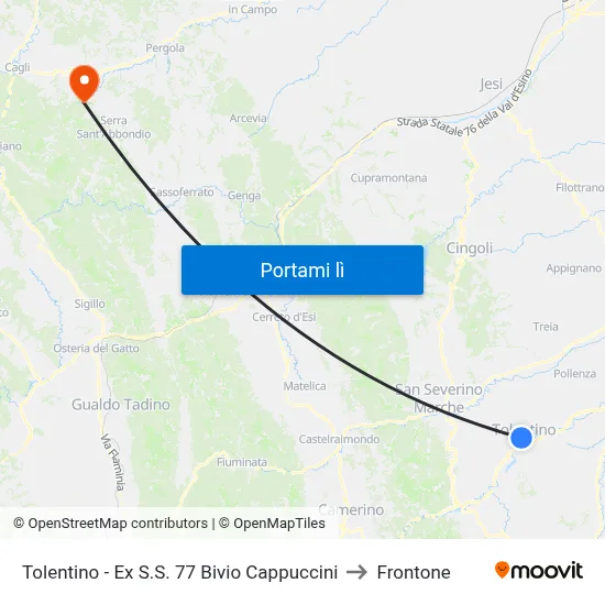 Tolentino - Ex S.S. 77 Bivio Cappuccini to Frontone map