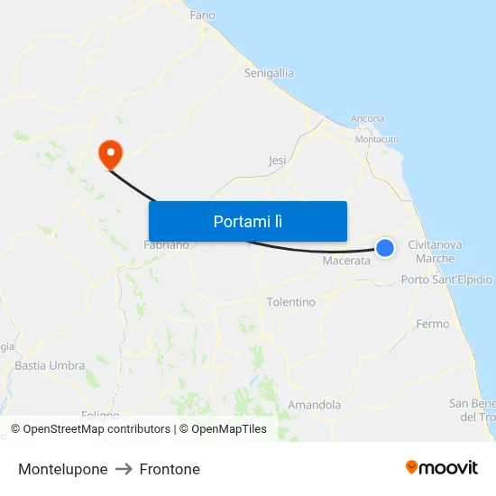 Montelupone to Frontone map
