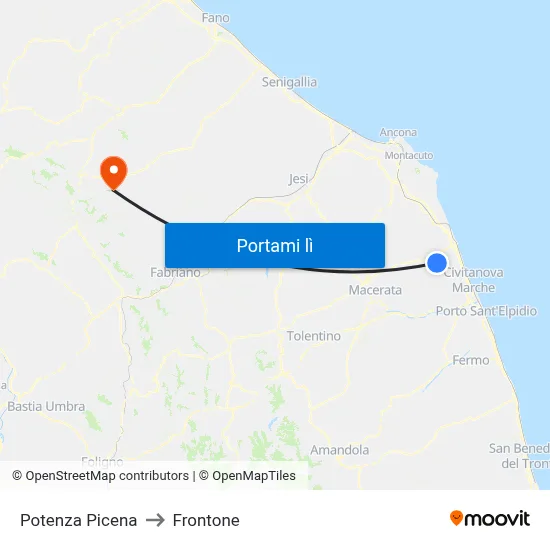 Potenza Picena to Frontone map