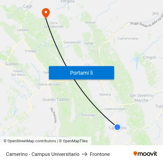 Camerino - Campus Universitario to Frontone map