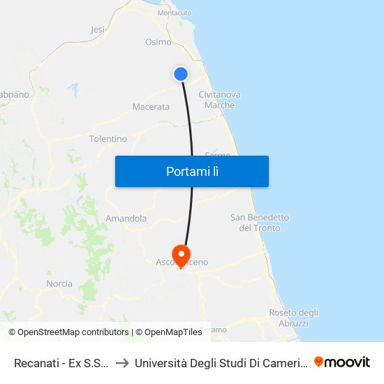 Recanati - Ex S.S. 77 Conero Bus to Università Degli Studi Di Camerino - Facoltà Di Architettura map