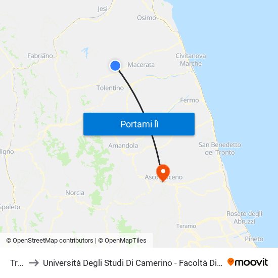 Treia to Università Degli Studi Di Camerino - Facoltà Di Architettura map