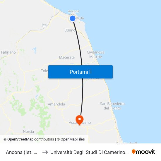 Ancona (Ist. Montedago) to Università Degli Studi Di Camerino - Facoltà Di Architettura map