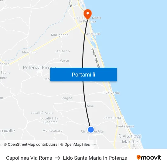 Capolinea Via Roma to Lido Santa Maria In Potenza map