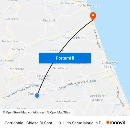 Corridonia - Chiesa Di Santa Croce to Lido Santa Maria In Potenza map