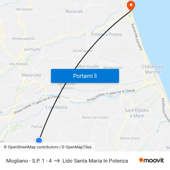 Mogliano - S.P. 1 - 4 to Lido Santa Maria In Potenza map