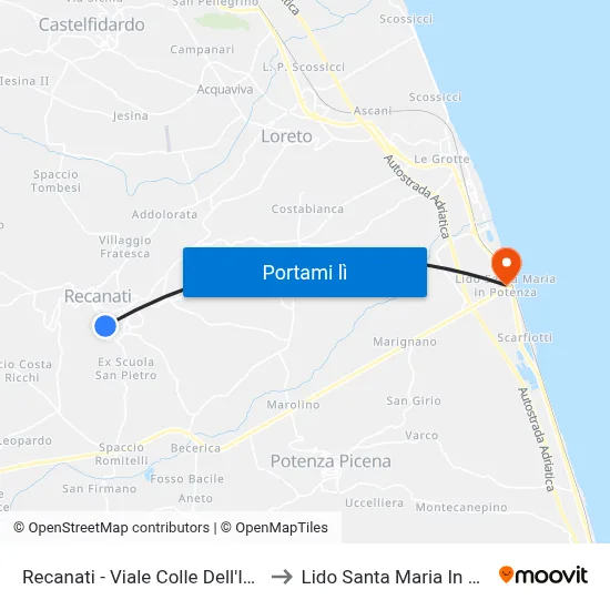 Recanati - Viale Colle Dell'Infinito 11 to Lido Santa Maria In Potenza map
