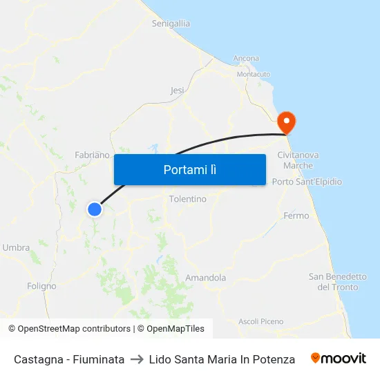 Castagna - Fiuminata to Lido Santa Maria In Potenza map