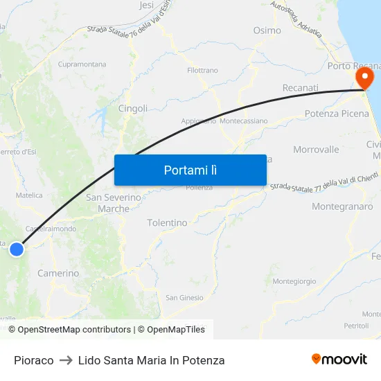 Pioraco to Lido Santa Maria In Potenza map