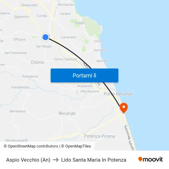 Aspio Vecchio (An) to Lido Santa Maria In Potenza map