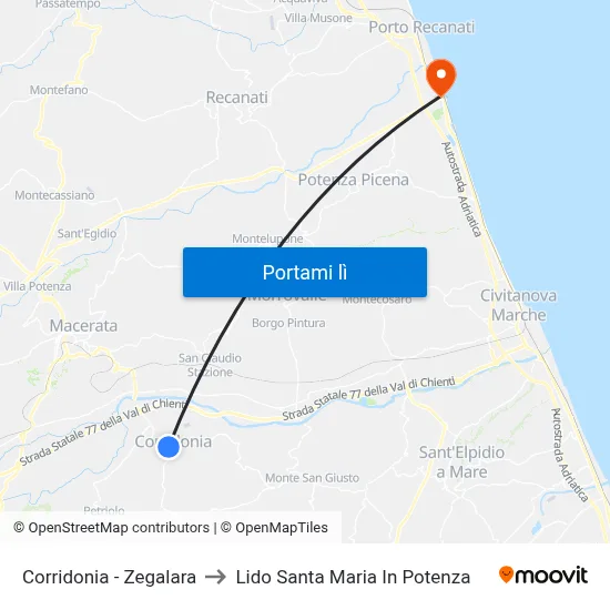 Corridonia - Zegalara to Lido Santa Maria In Potenza map