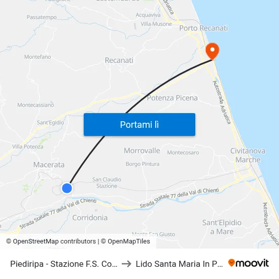Piediripa - Stazione F.S. Corridonia to Lido Santa Maria In Potenza map