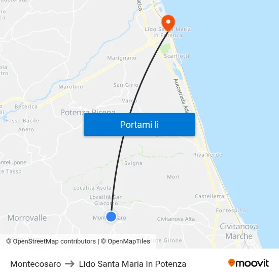 Montecosaro to Lido Santa Maria In Potenza map