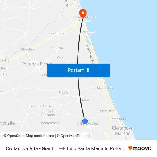 Civitanova Alta - Giardini to Lido Santa Maria In Potenza map
