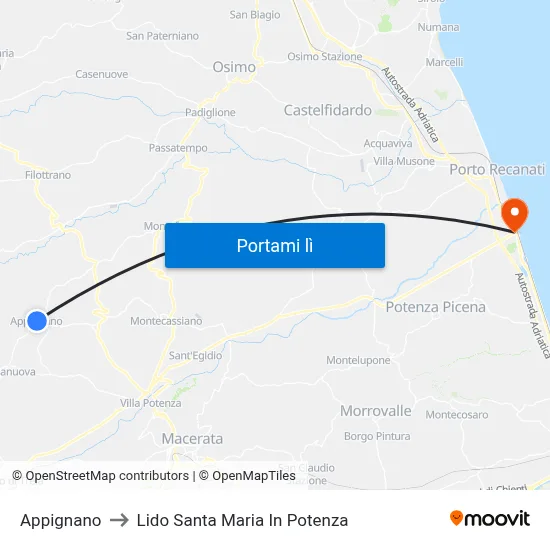 Appignano to Lido Santa Maria In Potenza map