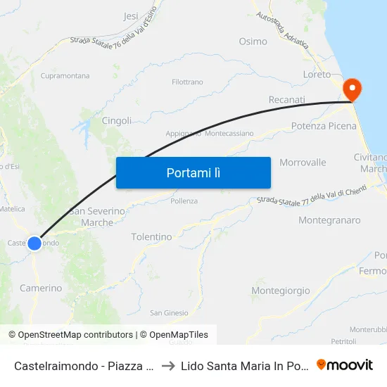 Castelraimondo - Piazza Dante to Lido Santa Maria In Potenza map