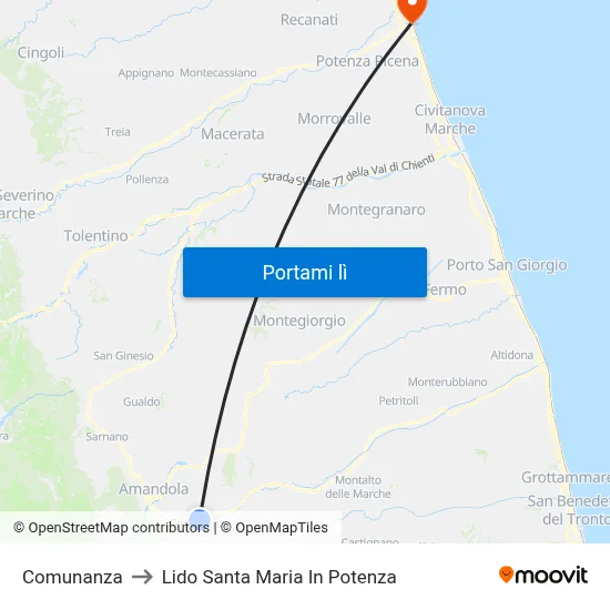 Comunanza to Lido Santa Maria In Potenza map