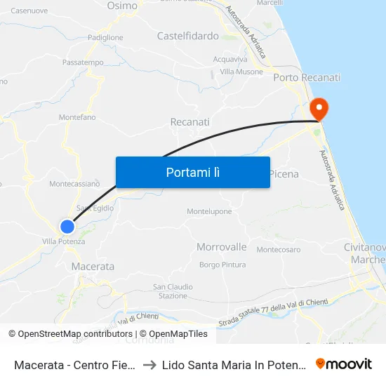 Macerata - Centro Fiere to Lido Santa Maria In Potenza map