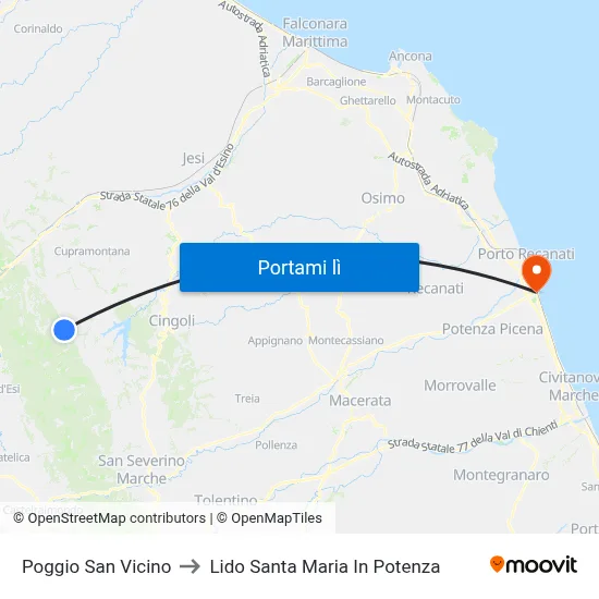 Poggio San Vicino to Lido Santa Maria In Potenza map