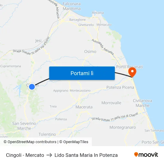 Cingoli - Mercato to Lido Santa Maria In Potenza map