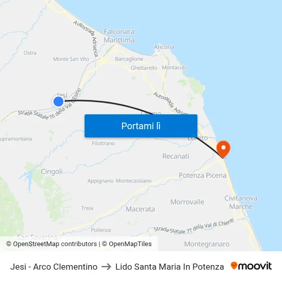 Jesi - Arco Clementino to Lido Santa Maria In Potenza map