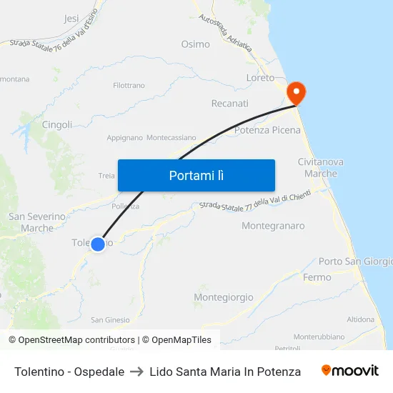 Tolentino - Ospedale to Lido Santa Maria In Potenza map