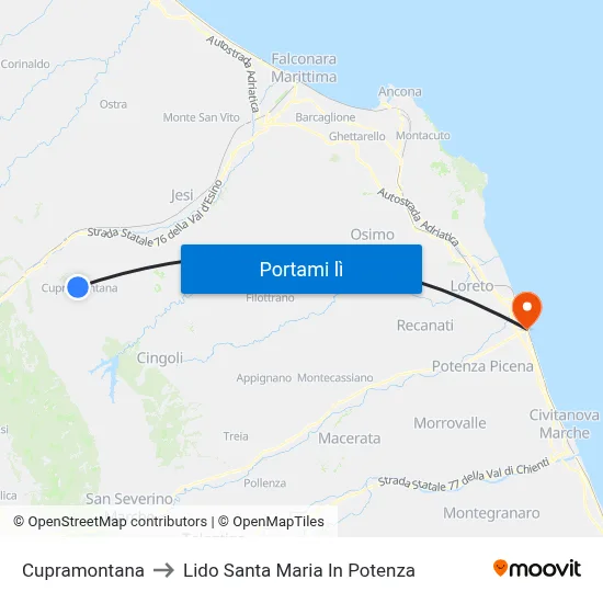 Cupramontana to Lido Santa Maria In Potenza map
